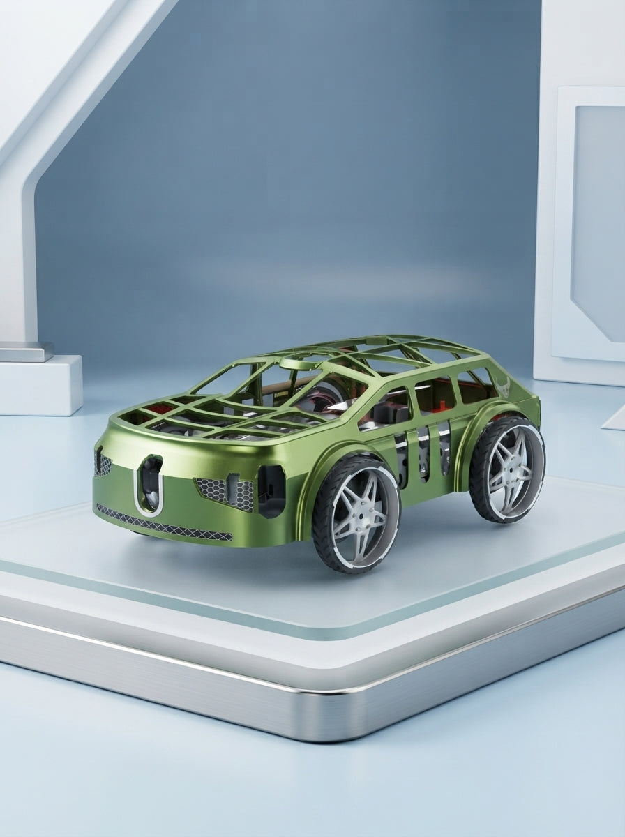 A dual-mode remote-controlled racing drone and car hybrid resting on a sleek white platform in a modern, blue-toned studio sp